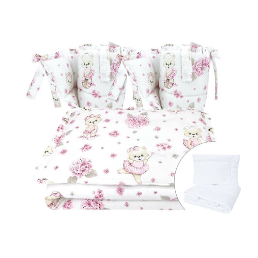 Lenjerie patut cu 6 piese, MimiNu, Pentru patut 120x60 cm, Cu pilota si perna, Cu doua aparatori laterale, Din bumbac certificat Oeko Tex Standard 100, Design, Pink Ballerina