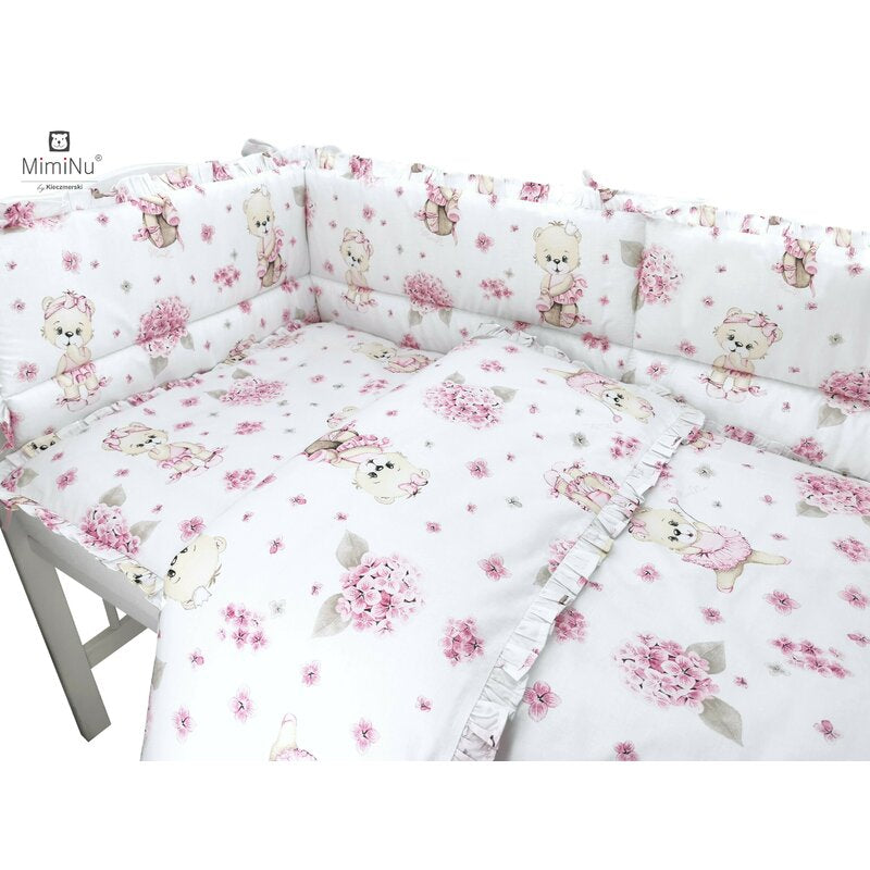 Lenjerie patut cu 6 piese, MimiNu, Pentru patut 120x60 cm, Cu pilota si perna, Cu doua aparatori laterale, Din bumbac certificat Oeko Tex Standard 100, Design, Pink Ballerina