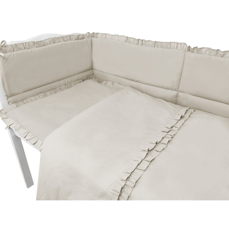 Lenjerie patut cu 6 piese, MimiNu, Pentru patut 120x60 cm, Cu volanase, Cu pilota si perna, Cu doua aparatori laterale, Din bumbac certificat Oeko Tex Standard 100, Colectia Royal, Beige