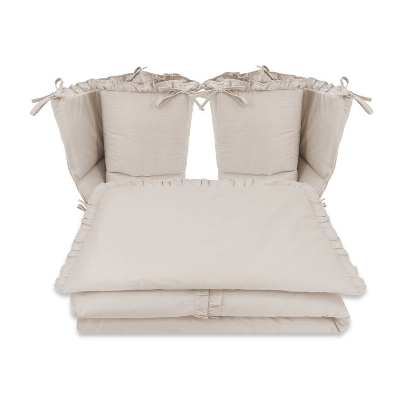 Lenjerie patut cu 6 piese, MimiNu, Pentru patut 120x60 cm, Cu volanase, Cu pilota si perna, Cu doua aparatori laterale, Din bumbac certificat Oeko Tex Standard 100, Colectia Royal, Beige