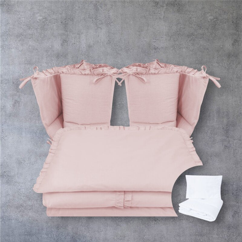 Lenjerie patut cu 6 piese, MimiNu, Pentru patut 120x60 cm, Cu volanase, Cu pilota si perna, Cu doua aparatori laterale, Din bumbac certificat Oeko Tex Standard 100, Colectia Royal, Powder Pink