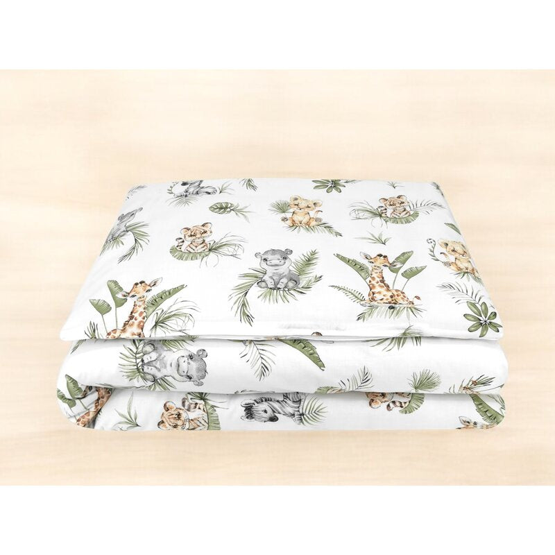 Lenjerie patut junior cu 2 piese, Qmini, Din bumbac certificat Oeko Tex Standard 100, 140 x 200 cm, Safari