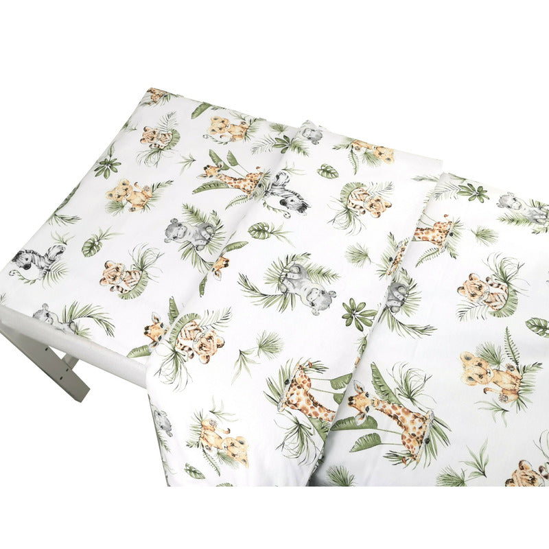 Lenjerie patut junior cu 2 piese, Qmini, Din bumbac certificat Oeko Tex Standard 100, 140 x 200 cm, Safari