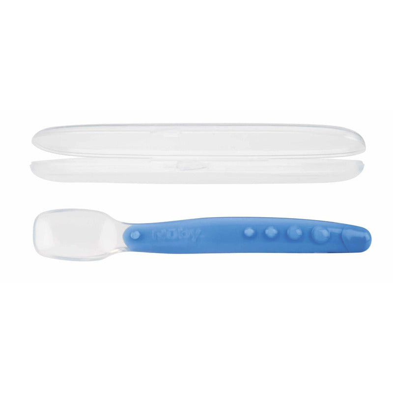 Lingura Nuby 360 grade din silicon cu maner arcuit si carcasa 3 luni+