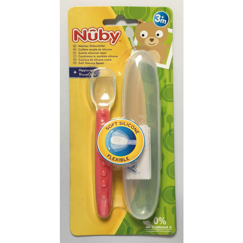 Lingura Nuby 360 grade din silicon cu maner arcuit si carcasa 3 luni+