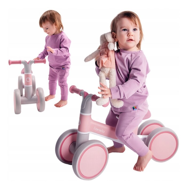 Bicicleta fara pedale, Lionelo, Villy, Cu 4 roti, Din spuma EVA si TPR, Stabila, Manere moi, antiderapante, 12- 36 luni, Sustine pana la 30 kg, Certificata EN 71-1:2014, EN 71-2:2011, EN 71-3:2019, Roz