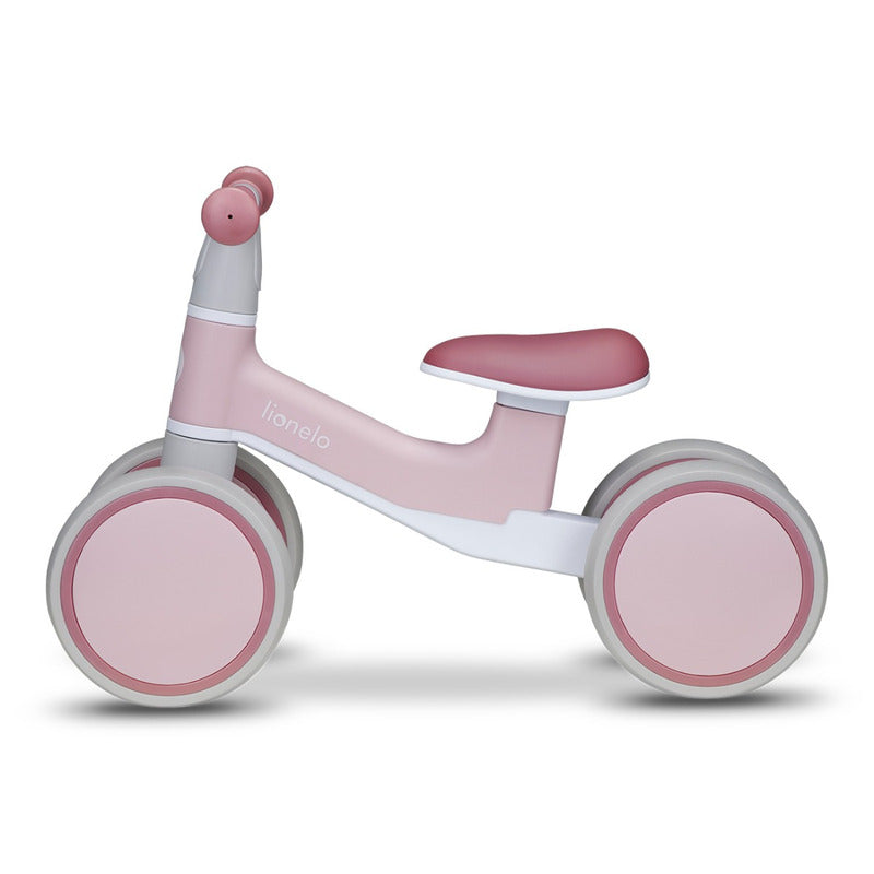 Bicicleta fara pedale, Lionelo, Villy, Cu 4 roti, Din spuma EVA si TPR, Stabila, Manere moi, antiderapante, 12- 36 luni, Sustine pana la 30 kg, Certificata EN 71-1:2014, EN 71-2:2011, EN 71-3:2019, Roz