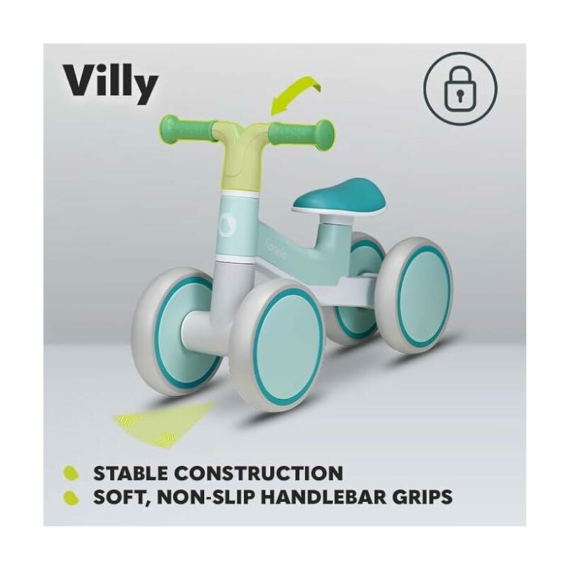 Bicicleta fara pedale, Lionelo, Villy, Cu 4 roti, Din spuma EVA si TPR, Stabila, Manere moi, antiderapante, 12- 36 luni, Sustine pana la 30 kg, Certificata EN 71-1:2014, EN 71-2:2011, EN 71-3:2019, Verde turcoaz