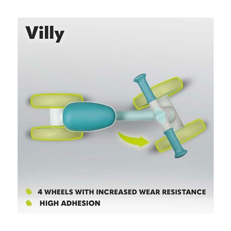 Bicicleta fara pedale, Lionelo, Villy, Cu 4 roti, Din spuma EVA si TPR, Stabila, Manere moi, antiderapante, 12- 36 luni, Sustine pana la 30 kg, Certificata EN 71-1:2014, EN 71-2:2011, EN 71-3:2019, Verde turcoaz
