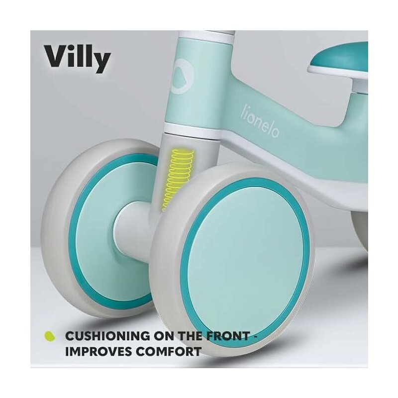 Bicicleta fara pedale, Lionelo, Villy, Cu 4 roti, Din spuma EVA si TPR, Stabila, Manere moi, antiderapante, 12- 36 luni, Sustine pana la 30 kg, Certificata EN 71-1:2014, EN 71-2:2011, EN 71-3:2019, Verde turcoaz