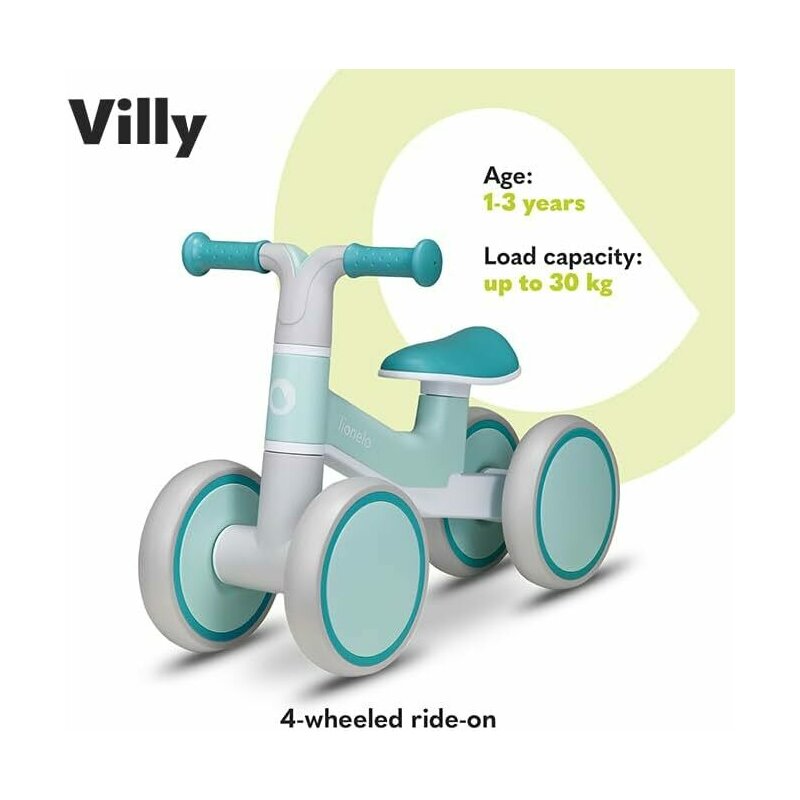 Bicicleta fara pedale, Lionelo, Villy, Cu 4 roti, Din spuma EVA si TPR, Stabila, Manere moi, antiderapante, 12- 36 luni, Sustine pana la 30 kg, Certificata EN 71-1:2014, EN 71-2:2011, EN 71-3:2019, Verde turcoaz