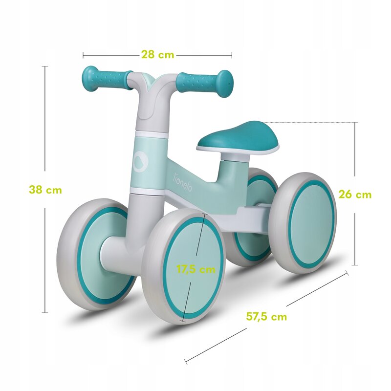 Bicicleta fara pedale, Lionelo, Villy, Cu 4 roti, Din spuma EVA si TPR, Stabila, Manere moi, antiderapante, 12- 36 luni, Sustine pana la 30 kg, Certificata EN 71-1:2014, EN 71-2:2011, EN 71-3:2019, Verde turcoaz