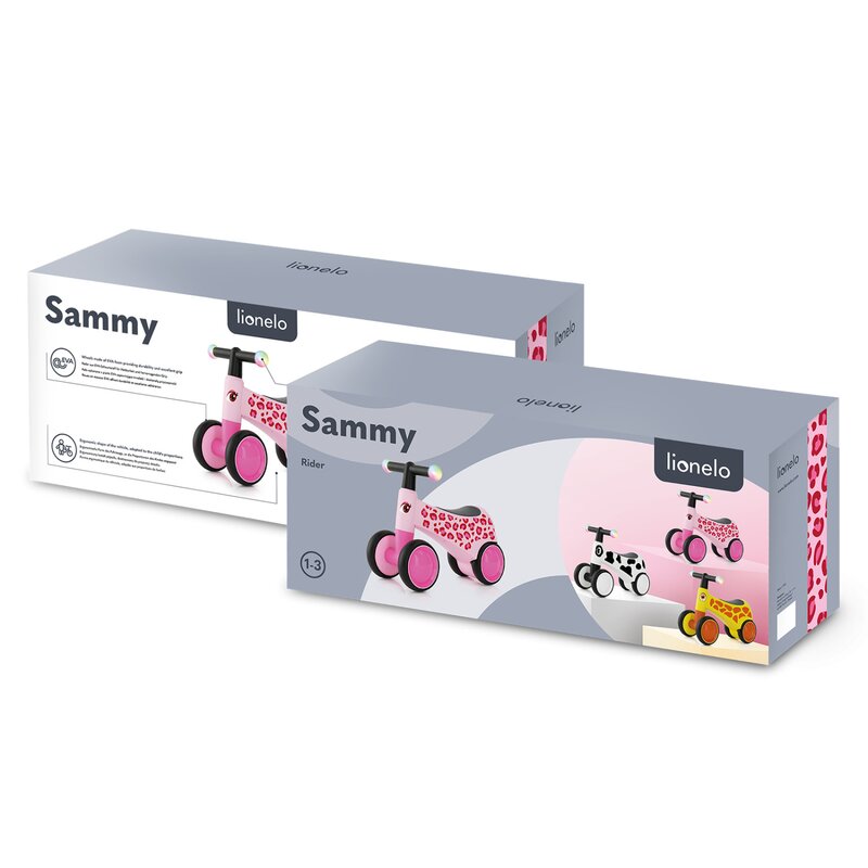 Bicicleta fara pedale, Lionelo, Sammy, Cu 4 roti, Din spuma EVA, Stabila, Manere moi, antiderapante, 12- 36 luni, Greutate maxima suportata 25 kg, Certificata EN 71-1:2014, EN 71-2:2011, EN 71-3:2019, Roz
