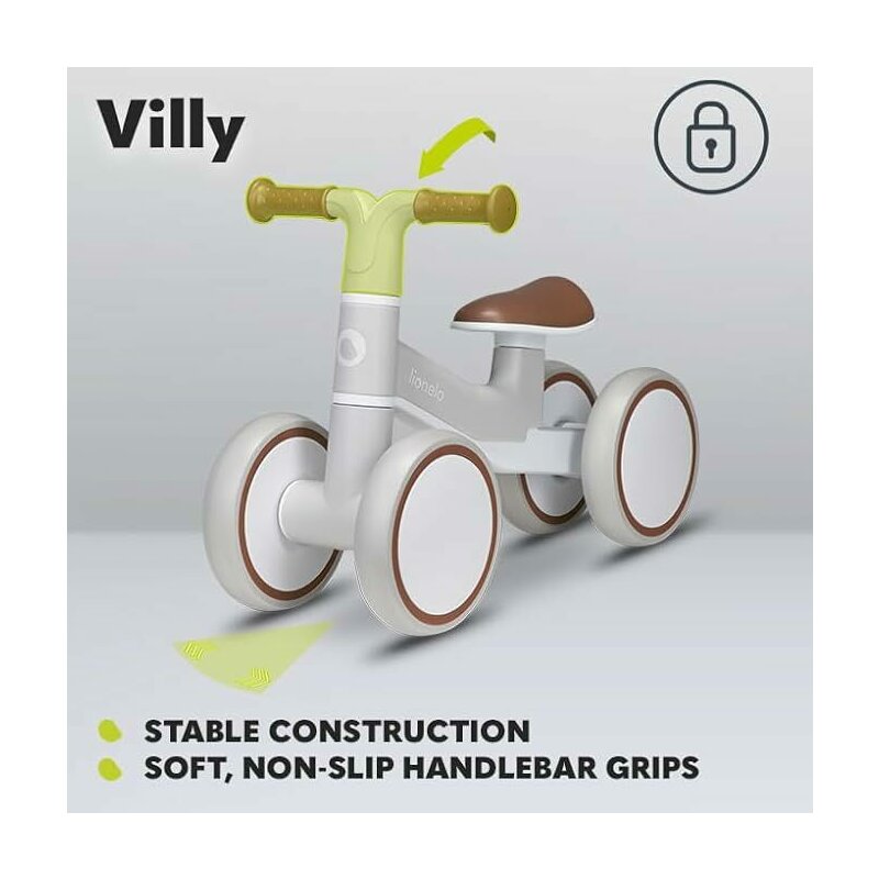 Bicicleta fara pedale, Lionelo, Villy, Cu 4 roti, Din spuma EVA si TPR, Stabila, Manere moi, antiderapante, 12- 36 luni, Sustine pana la 30 kg, Certificata EN 71-1:2014, EN 71-2:2011, EN 71-3:2019, Bej