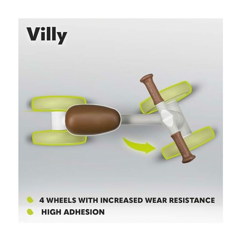 Bicicleta fara pedale, Lionelo, Villy, Cu 4 roti, Din spuma EVA si TPR, Stabila, Manere moi, antiderapante, 12- 36 luni, Sustine pana la 30 kg, Certificata EN 71-1:2014, EN 71-2:2011, EN 71-3:2019, Bej