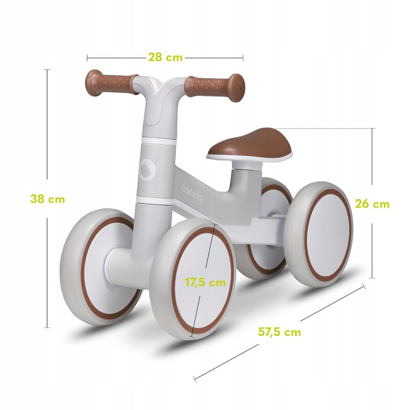 Bicicleta fara pedale, Lionelo, Villy, Cu 4 roti, Din spuma EVA si TPR, Stabila, Manere moi, antiderapante, 12- 36 luni, Sustine pana la 30 kg, Certificata EN 71-1:2014, EN 71-2:2011, EN 71-3:2019, Bej