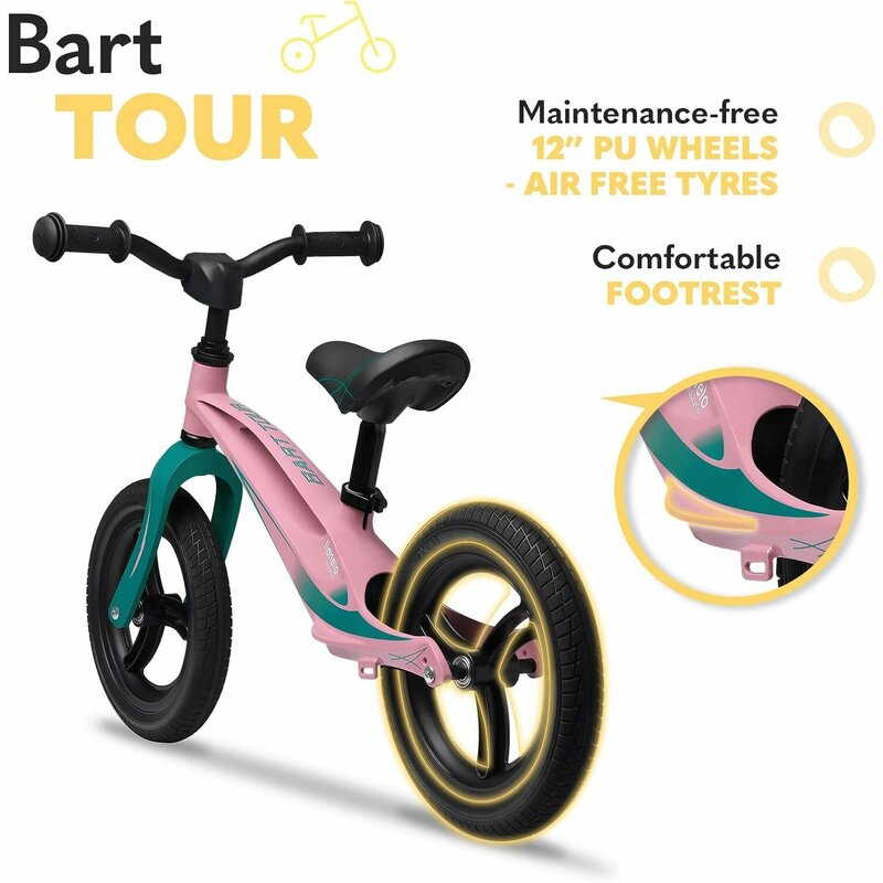 Bicicleta fara pedale, Lionelo, Bart Tour, Usoara, Cu cadru din magneziu, Cu ghidon si sa reglabile, Greutate 3.8 Kg, 12 inch, Conform cu standardul european de securitate EN71, Pink Bubblegum