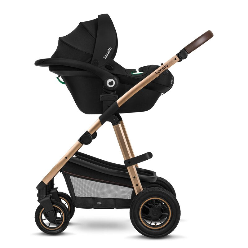 Carucior 3 in 1, Lionelo, Amber, Cadru aluminiu, Cu landou intarit si salteluta moale, Cu scoica auto testata ADAC, Reversibil, Cu accesorii, Geanta parinti, Pana la 22 kg, EN1888-1 EN1888-2 EN1466 ECE R129, Negru onyx