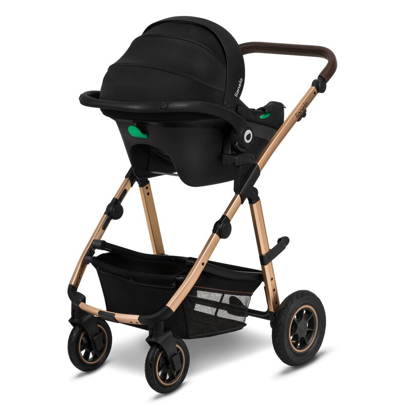 Carucior 3 in 1, Lionelo, Amber, Cadru aluminiu, Cu landou intarit si salteluta moale, Cu scoica auto testata ADAC, Reversibil, Cu accesorii, Geanta parinti, Pana la 22 kg, EN1888-1 EN1888-2 EN1466 ECE R129, Negru onyx