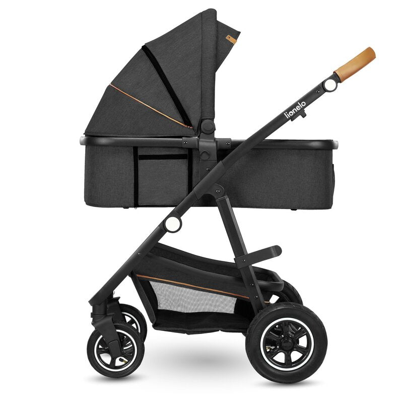 Carucior 2 in 1, Lionelo, Amber, Cadru aluminiu, Cu landou intarit si salteluta moale, Reversibil, Maner ajustabil, Huse pentru picioare, ploaie, Plasa de tantari, Geanta parinti, Pana la 22 kg, EN1888-1, EN1888-2, EN1466, Gri inchis