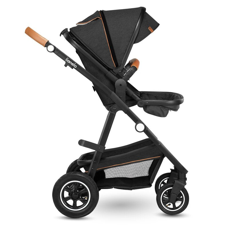 Carucior 2 in 1, Lionelo, Amber, Cadru aluminiu, Cu landou intarit si salteluta moale, Reversibil, Maner ajustabil, Huse pentru picioare, ploaie, Plasa de tantari, Geanta parinti, Pana la 22 kg, EN1888-1, EN1888-2, EN1466, Gri inchis
