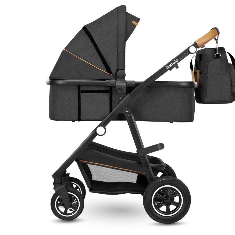 Carucior 2 in 1, Lionelo, Amber, Cadru aluminiu, Cu landou intarit si salteluta moale, Reversibil, Maner ajustabil, Huse pentru picioare, ploaie, Plasa de tantari, Geanta parinti, Pana la 22 kg, EN1888-1, EN1888-2, EN1466, Gri inchis