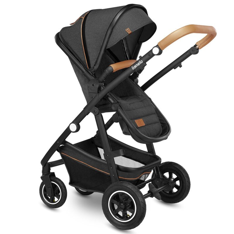 Carucior 2 in 1, Lionelo, Amber, Cadru aluminiu, Cu landou intarit si salteluta moale, Reversibil, Maner ajustabil, Huse pentru picioare, ploaie, Plasa de tantari, Geanta parinti, Pana la 22 kg, EN1888-1, EN1888-2, EN1466, Gri inchis