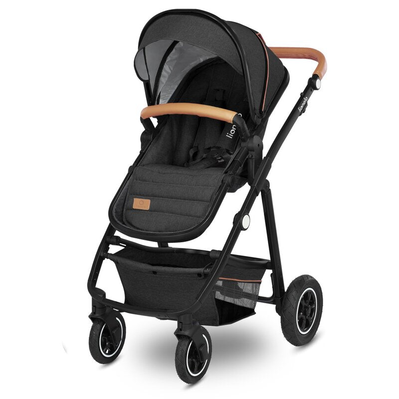 Carucior 2 in 1, Lionelo, Amber, Cadru aluminiu, Cu landou intarit si salteluta moale, Reversibil, Maner ajustabil, Huse pentru picioare, ploaie, Plasa de tantari, Geanta parinti, Pana la 22 kg, EN1888-1, EN1888-2, EN1466, Gri inchis