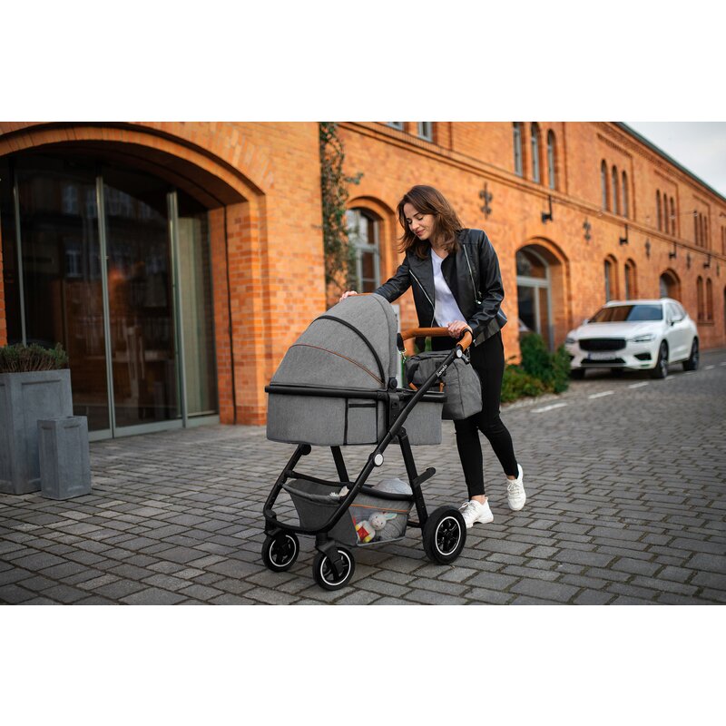 Carucior 2 in 1, Lionelo, Amber, Cadru aluminiu, Cu landou intarit si salteluta moale, Reversibil, Maner ajustabil, Huse pentru picioare, ploaie, Plasa de tantari, Geanta parinti, Pana la 22 kg, EN1888-1, EN1888-2, EN1466, Gri inchis