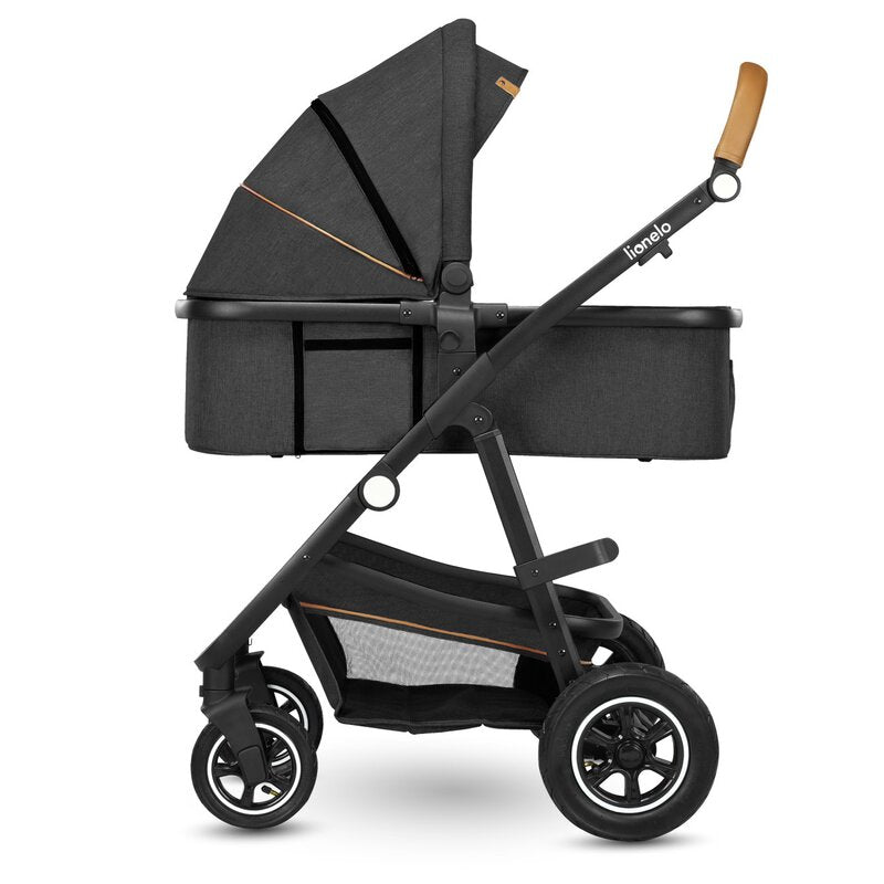 Carucior 2 in 1, Lionelo, Amber, Cadru aluminiu, Cu landou intarit si salteluta moale, Reversibil, Maner ajustabil, Huse pentru picioare, ploaie, Plasa de tantari, Geanta parinti, Pana la 22 kg, EN1888-1, EN1888-2, EN1466, Gri inchis