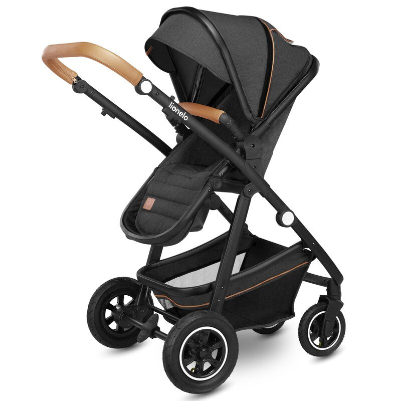 Carucior 2 in 1, Lionelo, Amber, Cadru aluminiu, Cu landou intarit si salteluta moale, Reversibil, Maner ajustabil, Huse pentru picioare, ploaie, Plasa de tantari, Geanta parinti, Pana la 22 kg, EN1888-1, EN1888-2, EN1466, Gri inchis