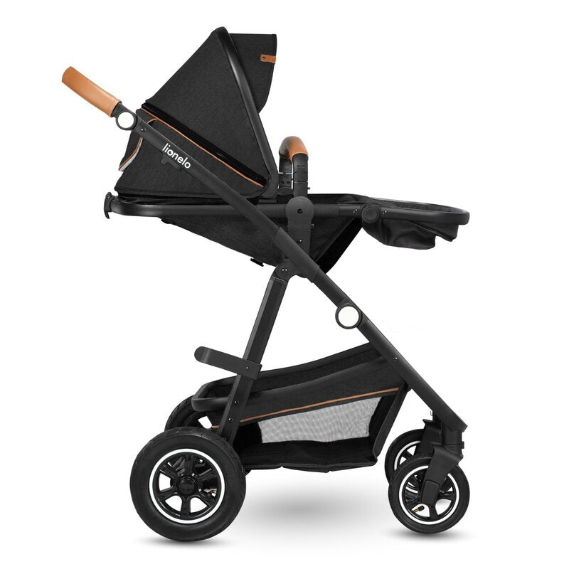 Carucior 2 in 1, Lionelo, Amber, Cadru aluminiu, Cu landou intarit si salteluta moale, Reversibil, Maner ajustabil, Huse pentru picioare, ploaie, Plasa de tantari, Geanta parinti, Pana la 22 kg, EN1888-1, EN1888-2, EN1466, Gri inchis