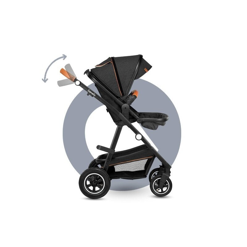 Carucior 3 in 1, Lionelo, Amber, Cadru aluminiu, Cu landou intarit si salteluta moale, Cu scoica auto testata ADAC, Reversibil, Cu accesorii, Geanta parinti, Pana la 22 kg, Gri Inchis