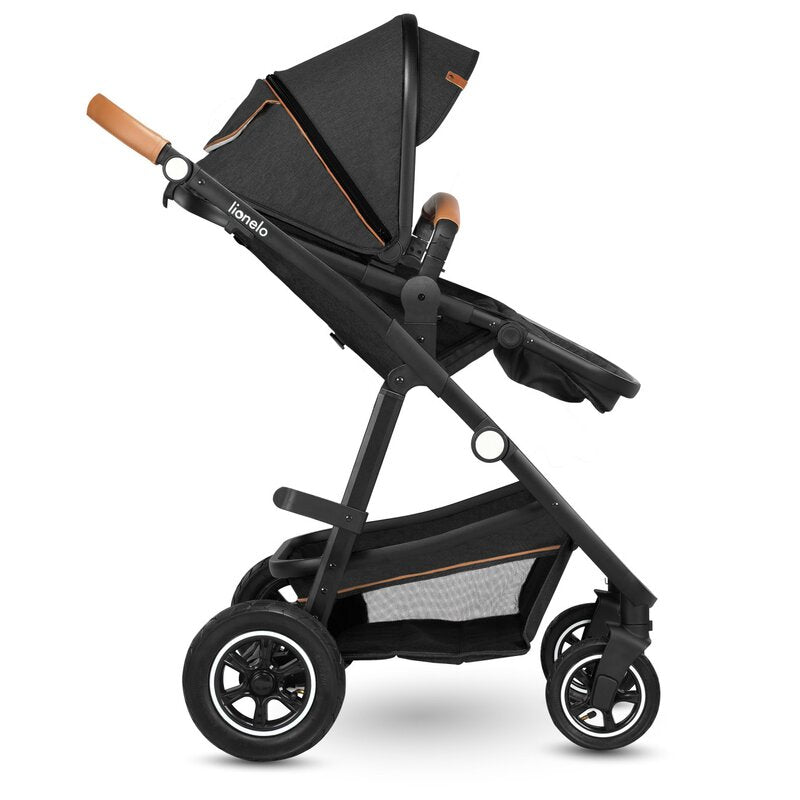 Carucior 3 in 1, Lionelo, Amber, Cadru aluminiu, Cu landou intarit si salteluta moale, Cu scoica auto testata ADAC, Reversibil, Cu accesorii, Geanta parinti, Pana la 22 kg, Gri Inchis