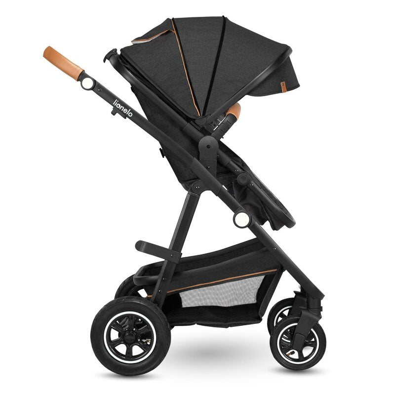 Carucior 3 in 1, Lionelo, Amber, Cadru aluminiu, Cu landou intarit si salteluta moale, Cu scoica auto testata ADAC, Reversibil, Cu accesorii, Geanta parinti, Pana la 22 kg, Gri Inchis