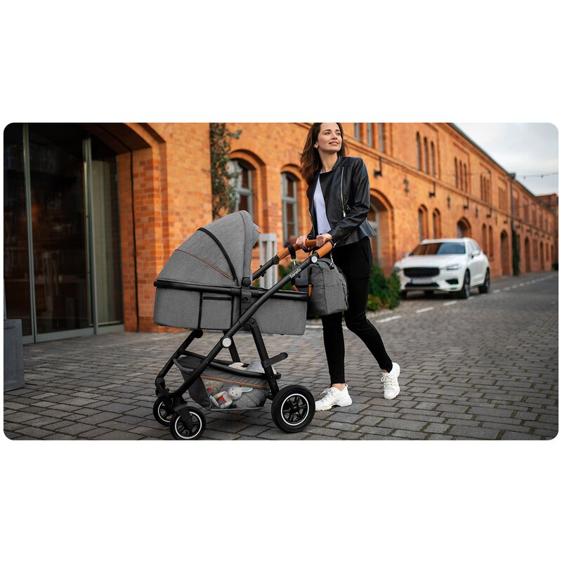 Carucior 3 in 1, Lionelo, Amber, Cadru aluminiu, Cu landou intarit si salteluta moale, Cu scoica auto testata ADAC, Reversibil, Cu accesorii, Geanta parinti, Pana la 22 kg, Gri Inchis