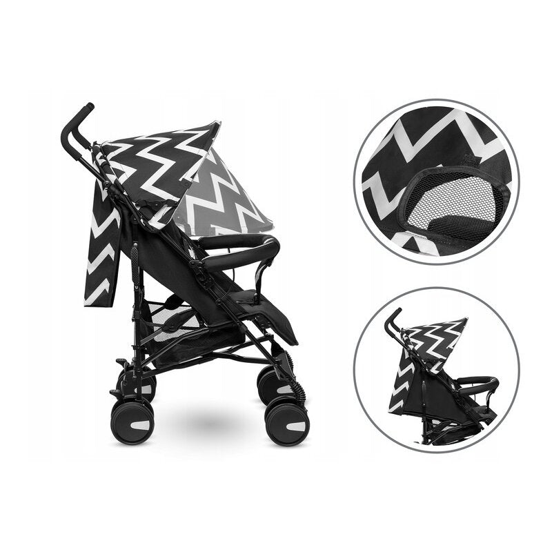 Carucior sport, Lionelo, Elia Oslo, Cu plasa de tantari, Suport de picioare reglabil, Spatar ajustabil in 4 pozitii, Capotina XXL, Pliere tip umbrela, Capacitate 15 kg, 6 luni+, EN 1888, Negru/Alb