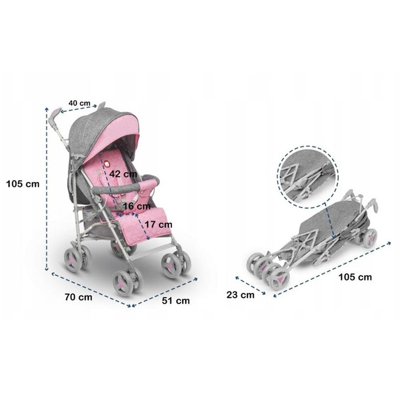 Carucior sport compact, Lionelo, Irma, Spatar reglabil in 4 pozitii, Suport picioare reglabil, Manere rotative, Pliere tip umbrela, 6- 36 luni, Pana la 15 kg, Conform cu EN1888-1:2018, Roz