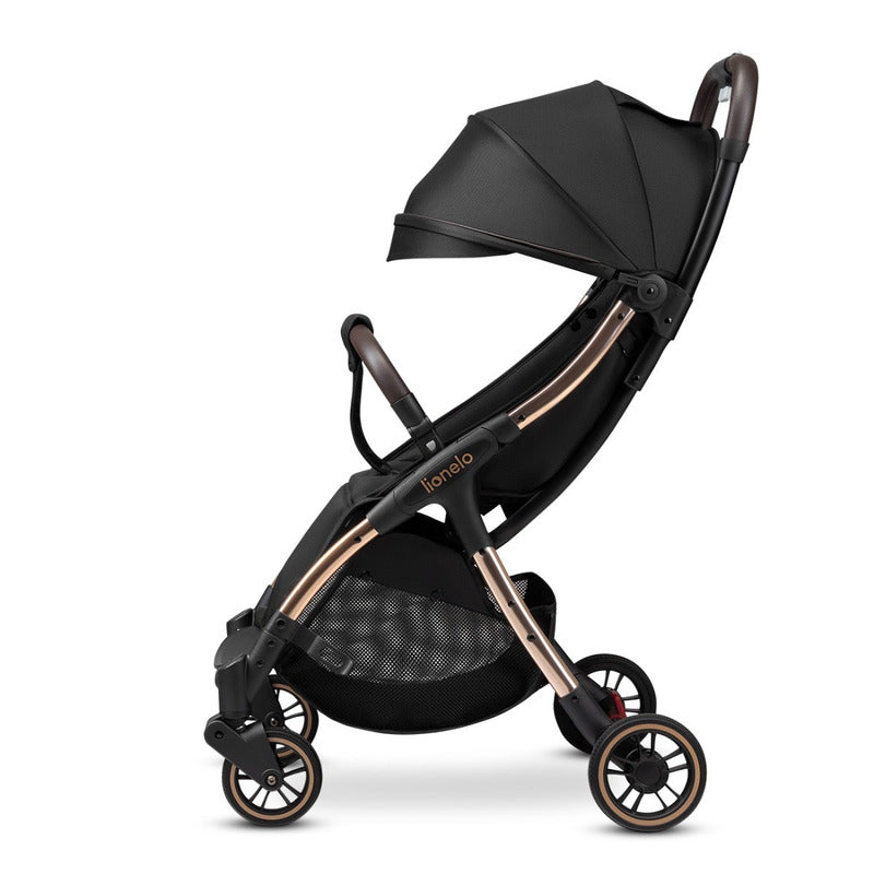 Carucior sport, Lionelo, Julie One, De la nastere, Greutate redusa, Cu accesorii, Cadru din aluminiu, 0-22 kg, Pliere compacta pentru avion, Conform cu standardele europene de securitate EN1888-1 si EN1888-2, Negru/Auriu