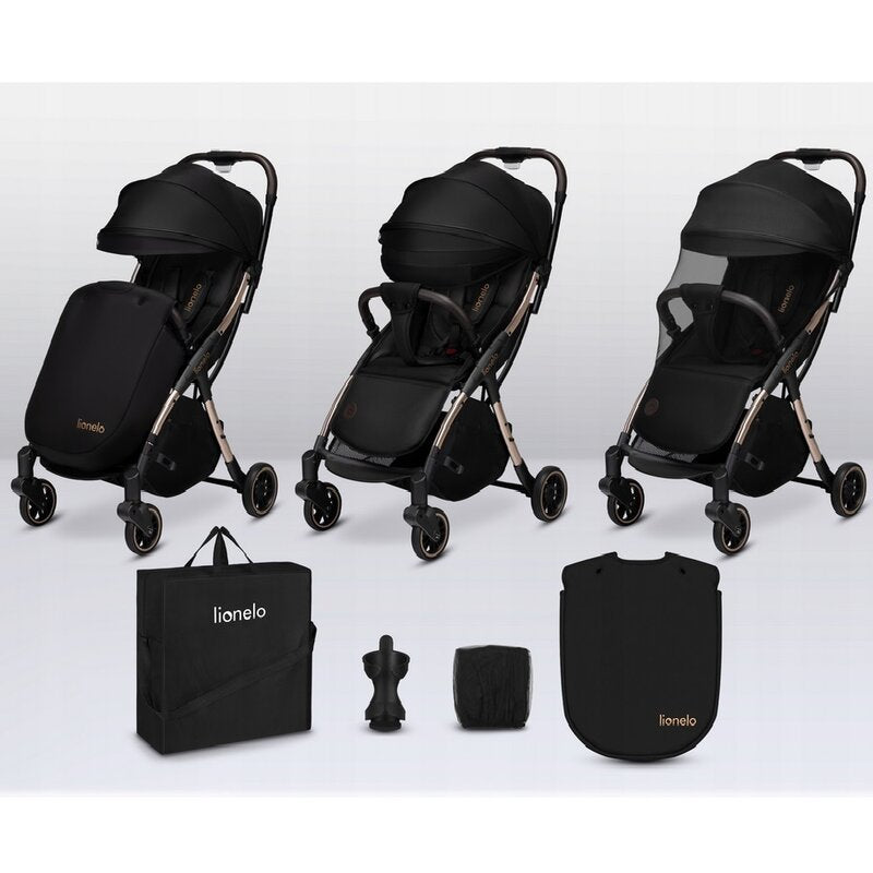 Carucior sport, Lionelo, Julie One, De la nastere, Greutate redusa, Cu accesorii, Cadru din aluminiu, 0-22 kg, Pliere compacta pentru avion, Conform cu standardele europene de securitate EN1888-1 si EN1888-2, Negru/Auriu