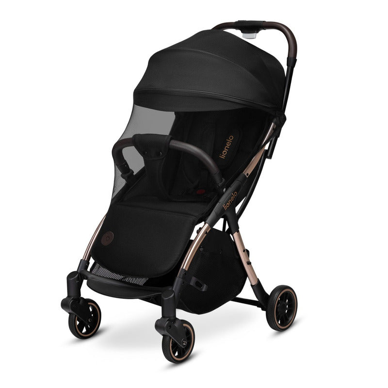 Carucior sport, Lionelo, Julie One, De la nastere, Greutate redusa, Cu accesorii, Cadru din aluminiu, 0-22 kg, Pliere compacta pentru avion, Conform cu standardele europene de securitate EN1888-1 si EN1888-2, Negru/Auriu