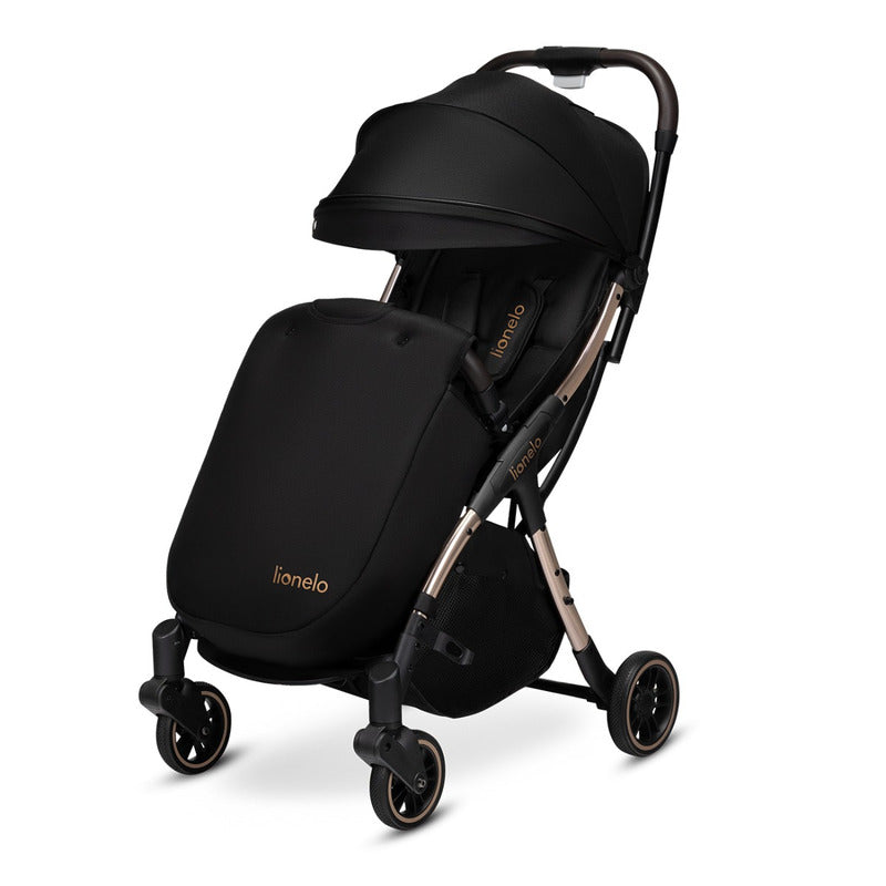Carucior sport, Lionelo, Julie One, De la nastere, Greutate redusa, Cu accesorii, Cadru din aluminiu, 0-22 kg, Pliere compacta pentru avion, Conform cu standardele europene de securitate EN1888-1 si EN1888-2, Negru/Auriu