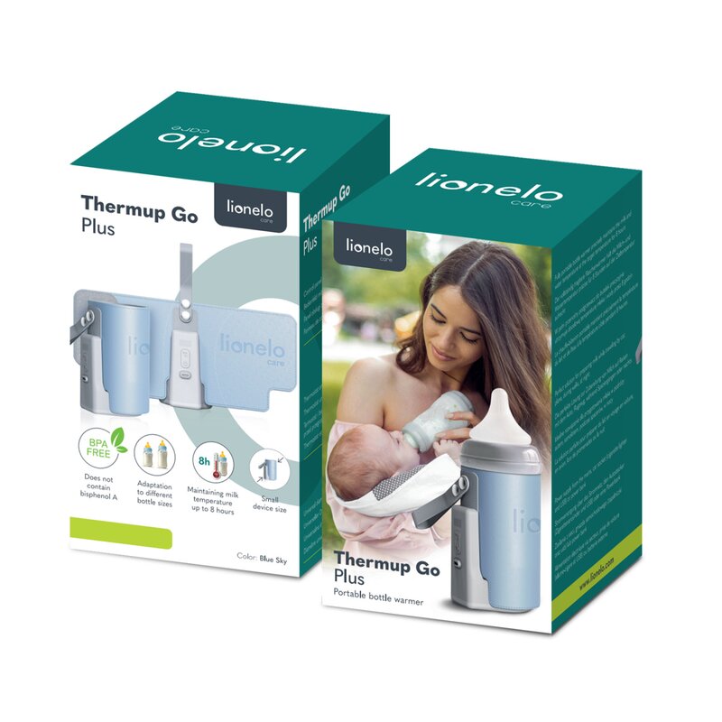 Incalzitor biberoane, Lionelo, ThermUp Go Plus, Portabil, Cu aspect elegant, Temperatura constanta pana la 24 h, Incarcare USB, Albastru deschis