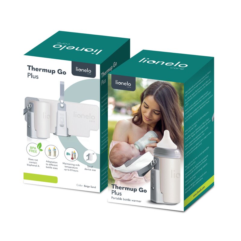 Incalzitor biberoane, Lionelo, ThermUp Go Plus, Portabil, Cu aspect elegant, Temperatura constanta pana la 24 h, Incarcare USB, Bej