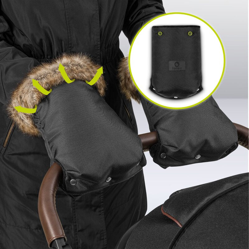 Manusi termice pentru carucior, Lionelo, Universale, Impermeabile, Interior din lana, Cu blana ecologica detasabila, Negru