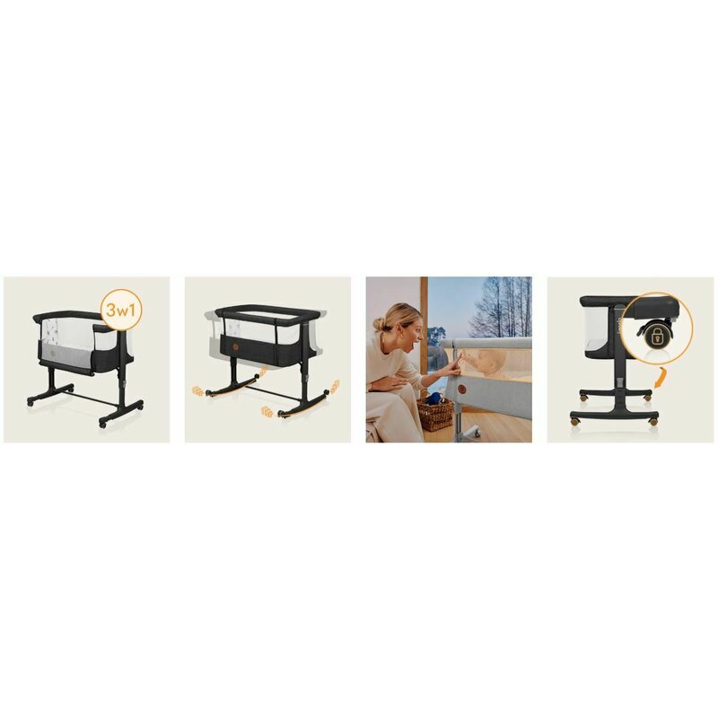 Patut co-sleeper, Lionelo, Aurora, 3 in 1, Cu leganare si setare unghiulara, Include saltea cu densitate T25 si geanta transport, Reglabil in 5 pozitii pe inaltime, Pana la 9 kg, 0 luni+, Conform cu EN 1130:2019+AC:2020, EN 16890:2, Gri inchis