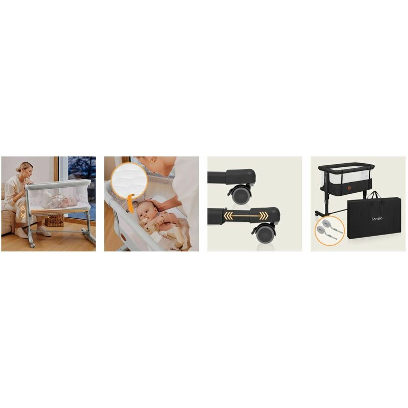 Patut co-sleeper, Lionelo, Aurora, 3 in 1, Cu leganare si setare unghiulara, Include saltea cu densitate T25 si geanta transport, Reglabil in 5 pozitii pe inaltime, Pana la 9 kg, 0 luni+, Conform cu EN 1130:2019+AC:2020, EN 16890:2, Gri inchis