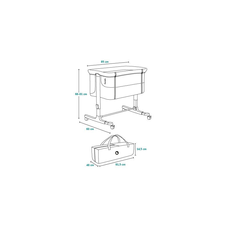 Patut co-sleeper, Lionelo, Aurora, 3 in 1, Cu leganare si setare unghiulara, Include saltea cu densitate T25 si geanta transport, Reglabil in 5 pozitii pe inaltime, Pana la 9 kg, 0 luni+, Conform cu EN 1130:2019+AC:2020, EN 16890:2, Gri inchis
