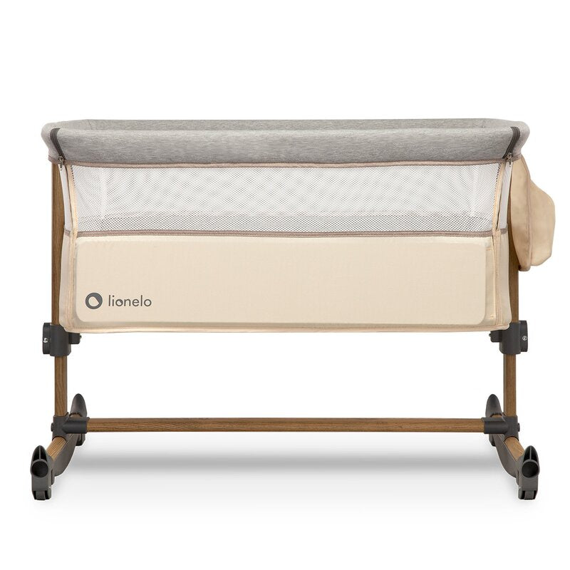 Patut co-sleeper, Lionelo, Leonie, Cu sistem de leganare, Cu setare unghiulara, Reglabil in 5 pozitii pe inaltime, Conform cu standardele europeane de securitate EN1130 si EN16890, Beige Sand