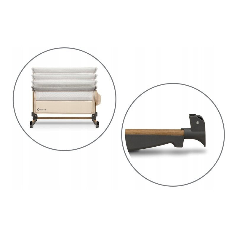 Patut co-sleeper, Lionelo, Leonie, Cu sistem de leganare, Cu setare unghiulara, Reglabil in 5 pozitii pe inaltime, Conform cu standardele europeane de securitate EN1130 si EN16890, Beige Sand
